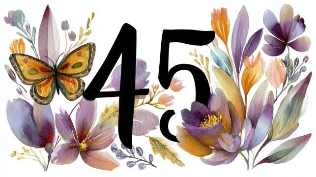 Colorful floral design with butterfly and number 45 in vibrant hues on a white background