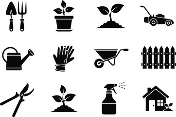 Black gardening tools and plant care icons set isolated on white background, minimalist agriculture landscaping vector symbols collection