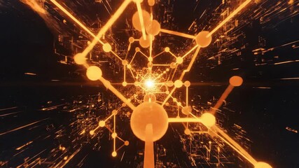 Abstract visualization of glowing orange network expanding. Central node connects to radiating lines and nodes forming web structure. Digital connectivity and data flow concept. - Powered by Adobe