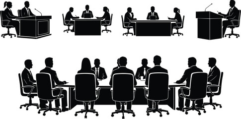 Business Meeting and Conference Silhouette Set Featuring Professionals in Boardroom Discussions Presentations and Corporate Negotiations for Office and Leadership Vector