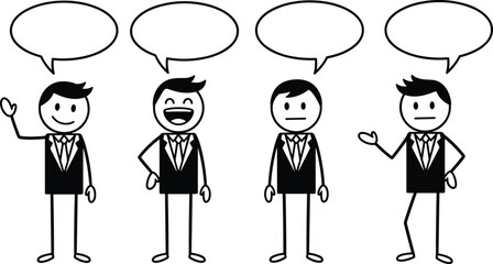Business people stick figure characters with speech bubbles, communication concept illustration, black and white vector for corporate presentation design