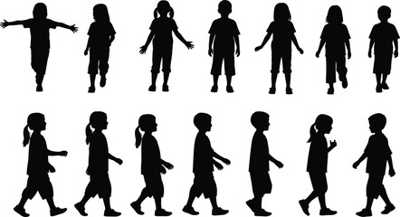 Children Walking and Playing Silhouette Set Showing Childhood Motion Poses, Kids Activity Collection for Education, Lifestyle, and Vector Design