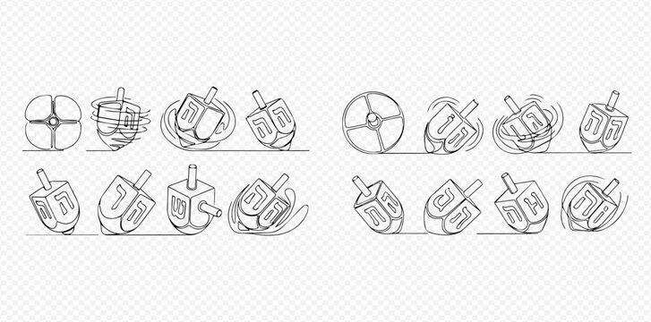 Set of hand-drawn dreidel spinning tops, a traditional Jewish game, in various motion states.