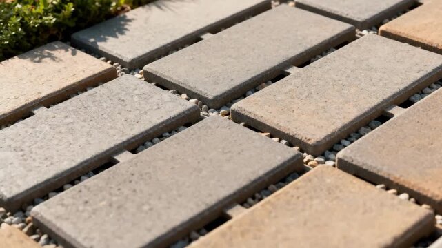 Medium shot capturing a close view of permeable pavers interlocking seamlessly emphasizing functional aesthetics in environmentally conscious pavement solutions.