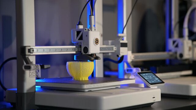 3D printer. Blank Empty 3D printer. 3D printer not working. Blank clean 3D printer desktop without printing process.