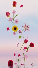 Pink and red rose blossoms floating on blue water under a pink rose sky create a beautiful spring nature floral illustration for a summer garden design