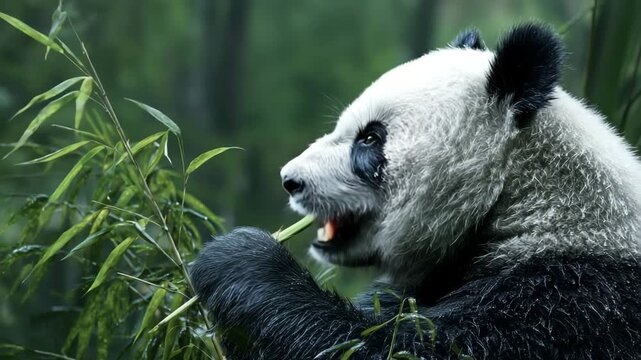Ultra HD Closeup of a giant panda eating bamboo in a lush, misty forest environment video
