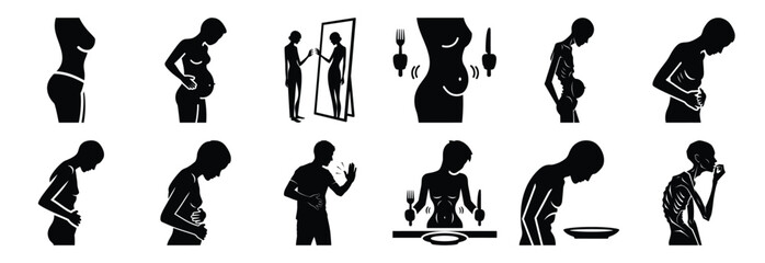 set of eating disorder silhouette icon vector illustration isolated on white background