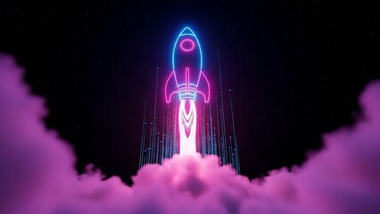 Vibrant Neon Rocket Launching into Space with Pink Clouds and Starry Night Sky, Futuristic Dynamic Scene