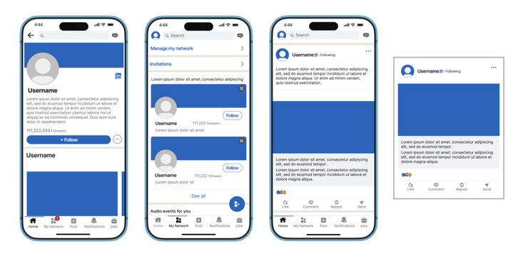 LinkedIn mobile application interface showcasing profile header network management invitations feed posts reactions and professional social networking layout