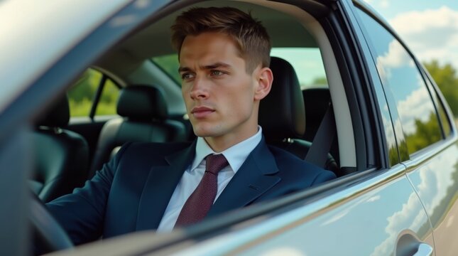 Chofer ejecutivo joven conduciendo un autom&oacute;vil