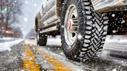 Snow falls on a truck tire on a winter road with yellow lines in a snowy location during the day