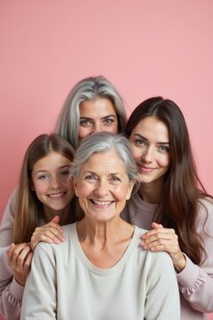 Retrato multigeneracional que muestra a una mujer cauc&aacute;sica mayor al frente y a mujeres m&aacute;s j&oacute;venes detr&aacute;s