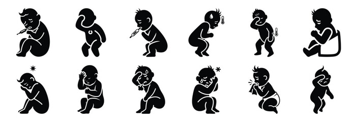 Obraz premium set of sick baby silhouette icon vector illustration isolated on white background
