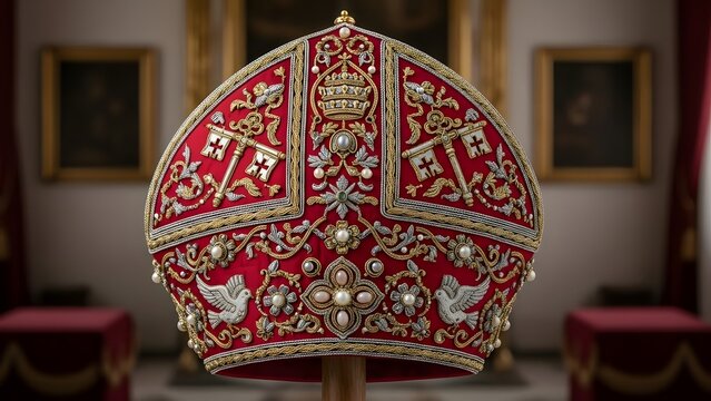 Ornate red papal tiara on display