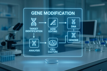 Detailed Digital of Gene Modification Workflow in a Laboratory Setting Showing DNA Target Identification Editing Analysis and Cell Culture Process with Microscope and Equipment