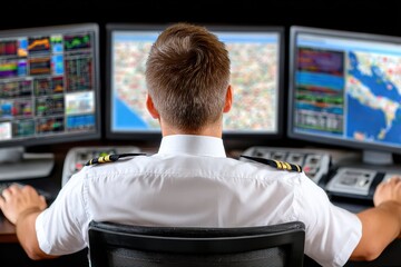Pilot operates multiple screens monitoring flight data in a control room near an airport during daytime hours