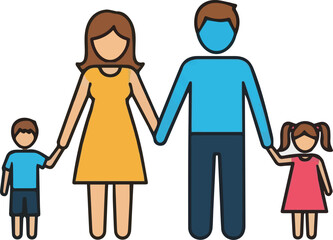 Family icon parents with children. Woman, man and two kids holding hands. Mother, father, son and daughter. Vector illustration isolated on white background.