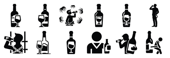 set of alcohol addiction silhouette icon vector illustration isolated on white background