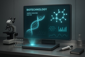 Futuristic Biotechnology Lab Workstation with Holographic DNA Sample Analysis Display Showing Molecular Structures and Genetic Data on a Glowing Screen Next to a Microscope