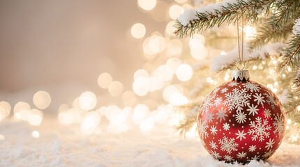 Christmas tree decorated with toys and snow on a blurred background, bokeh effect