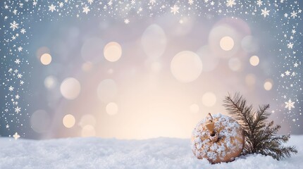 Christmas tree decorated with toys and snow on a blurred background, bokeh effect