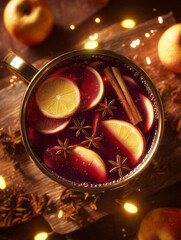 Warm spiced beverage in a golden mug, featuring slices of lemon, apple, and cinnamon sticks, surrounded by festive decorations and glowing lights, evoking cozy winter vibes