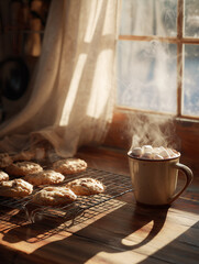 Freshly baked cookies cooling on a wire rack beside a steaming cup of hot beverage topped with marshmallows, illuminated by warm sunlight streaming through a window