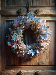 Decorative floral wreath featuring pastel-colored petals and natural elements, elegantly displayed on a rustic wooden door, enhancing seasonal ambiance and charm