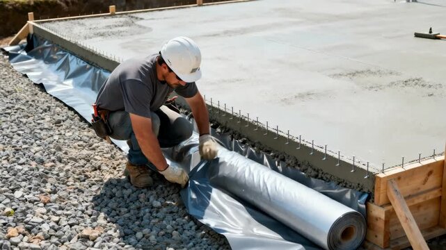 Construction worker securing polyethylene vapor barrier under concrete slab to prevent moisture infiltration during building foundation work.