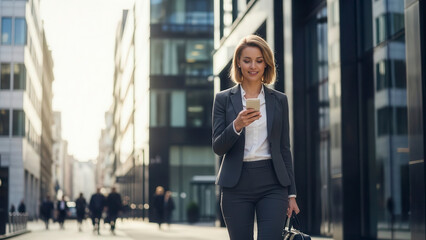 Fototapeta premium Confident young businesswoman in a suit walking purposefully through a sunny modern city street, smiling while checking her smartphone, representing urban professionalism and connectivity.