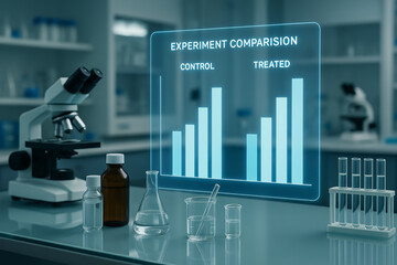Holographic Lab Interface Displaying Experiment Comparison Bar Graph with Control and Treated Samples Under Microscope in Scientific Research Setting Blue Glowing Data