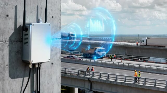 Wireless smart concrete sensor system in medium shot actively transmitting strength data from a busy bridge construction showcasing remote monitoring capabilities and efficient