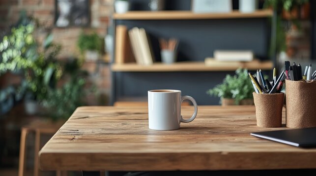 Minimalist Wooden Desk with Coffee Mug, Pens, and Indoor Plants