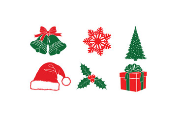 Christmas icons green red snowflake bells hat tree gift