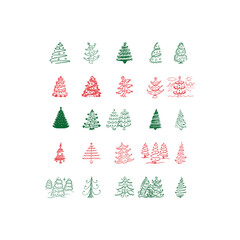 Collection of hand drawn christmas trees in red and green