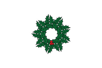 Green holly wreath with red berries on white christmas
