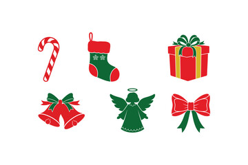 Red green christmas icons candy cane stocking gift bells angel bow