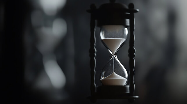 Time is fleeting. The image depicts an hourglass against a dark background, the grains of sand flowing, emphasizing the ephemeral nature of moments slipping away, loss, and mortality.