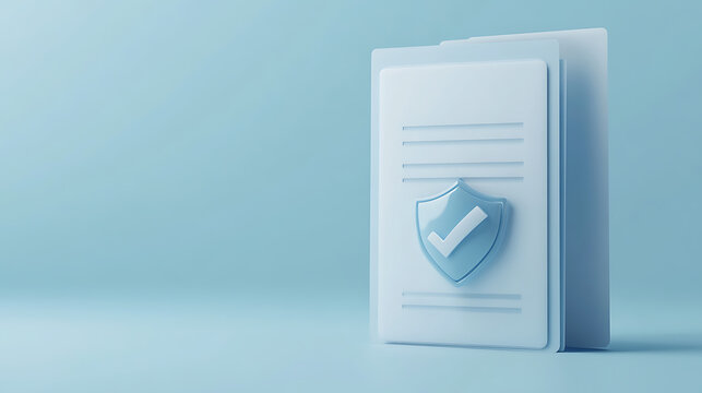 A minimalistic, blue-toned illustration. Document stack with a shield symbol. Represents safety, security, and compliance within business, law, or certification processes.