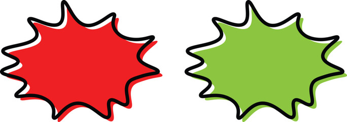 red and green comic starburst explosion shapes with black outlines for promotions isolated on white background. © Sumaia