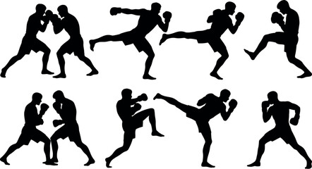 black silhouettes of people boxing and kicking each other