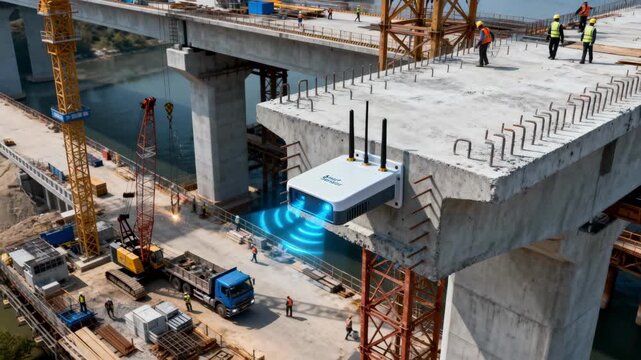 Wireless smart concrete sensor system in medium shot actively transmitting strength data from a busy bridge construction showcasing remote monitoring capabilities and efficient