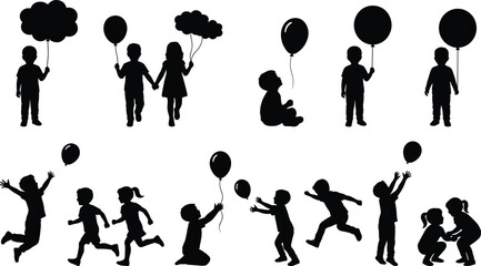 Children balloon silhouette set, playful kids vector, black flat icons, joyful movement, editable CAD drawing flat vector illustration