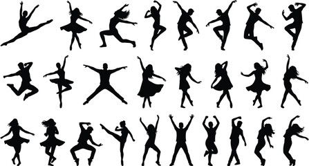 Dance silhouette collection, dynamic poses, ballet, freestyle, hip hop, vector illustration, black figures, expressive movement, isolated PNG, artistic motion