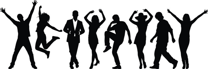Dancing people silhouette set, stylish pose vector, black flat icons, celebration movement, editable CAD drawing flat vector illustration
