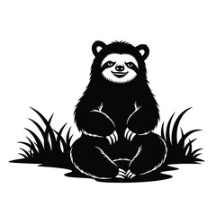 A sitting raccoon in a serene natural setting with grass