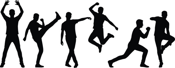 Dynamic human pose silhouette set, expressive movement vector, black flat icons, CAD drawing flat vector illustration for design