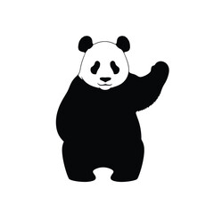 A black and white panda bear waving with its right paw