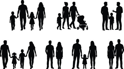 Family silhouettes, diverse parenting, walking together, holding hands, black vector, unity, relationship, love, bonding, lifestyle, happiness, parenting